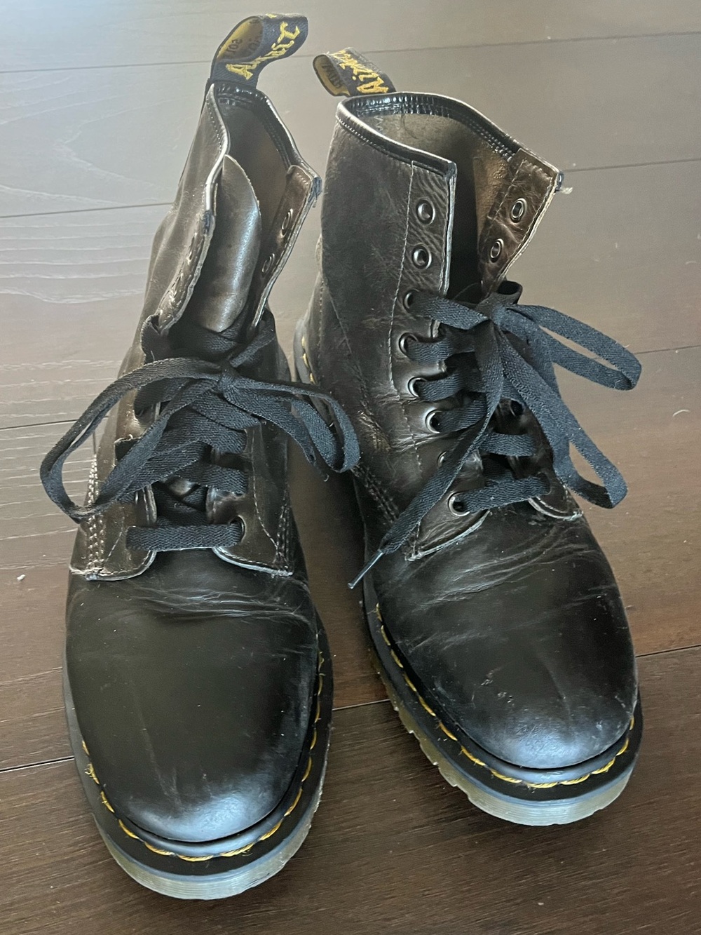 Dr. Martens Black Leather Lace-Up Combat Boots with Yellow Stitching